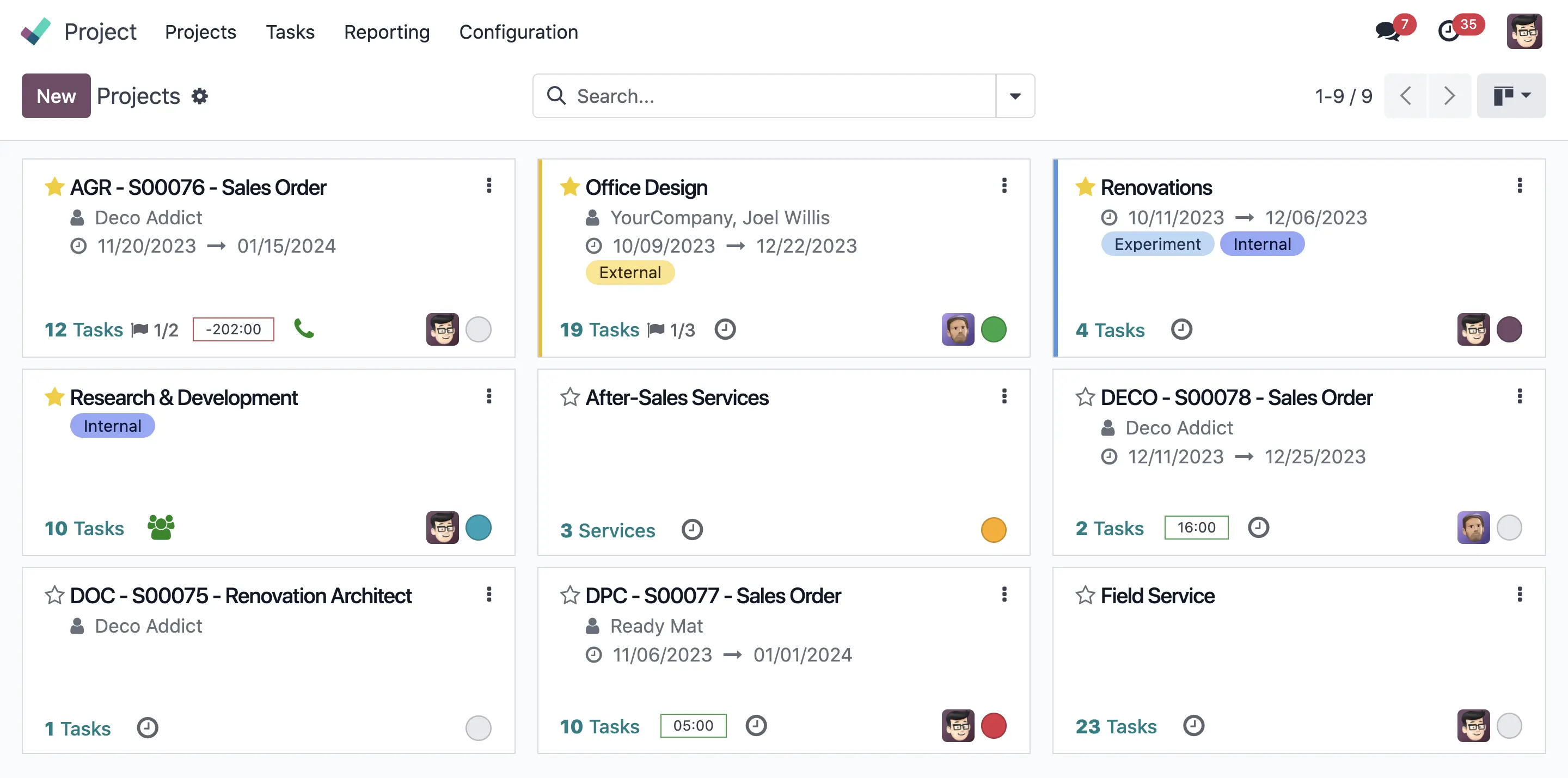 Vista de proyectos y tareas de Odoo